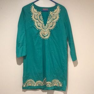 Turquoise Dress with Gold Detailing. Size Medium.